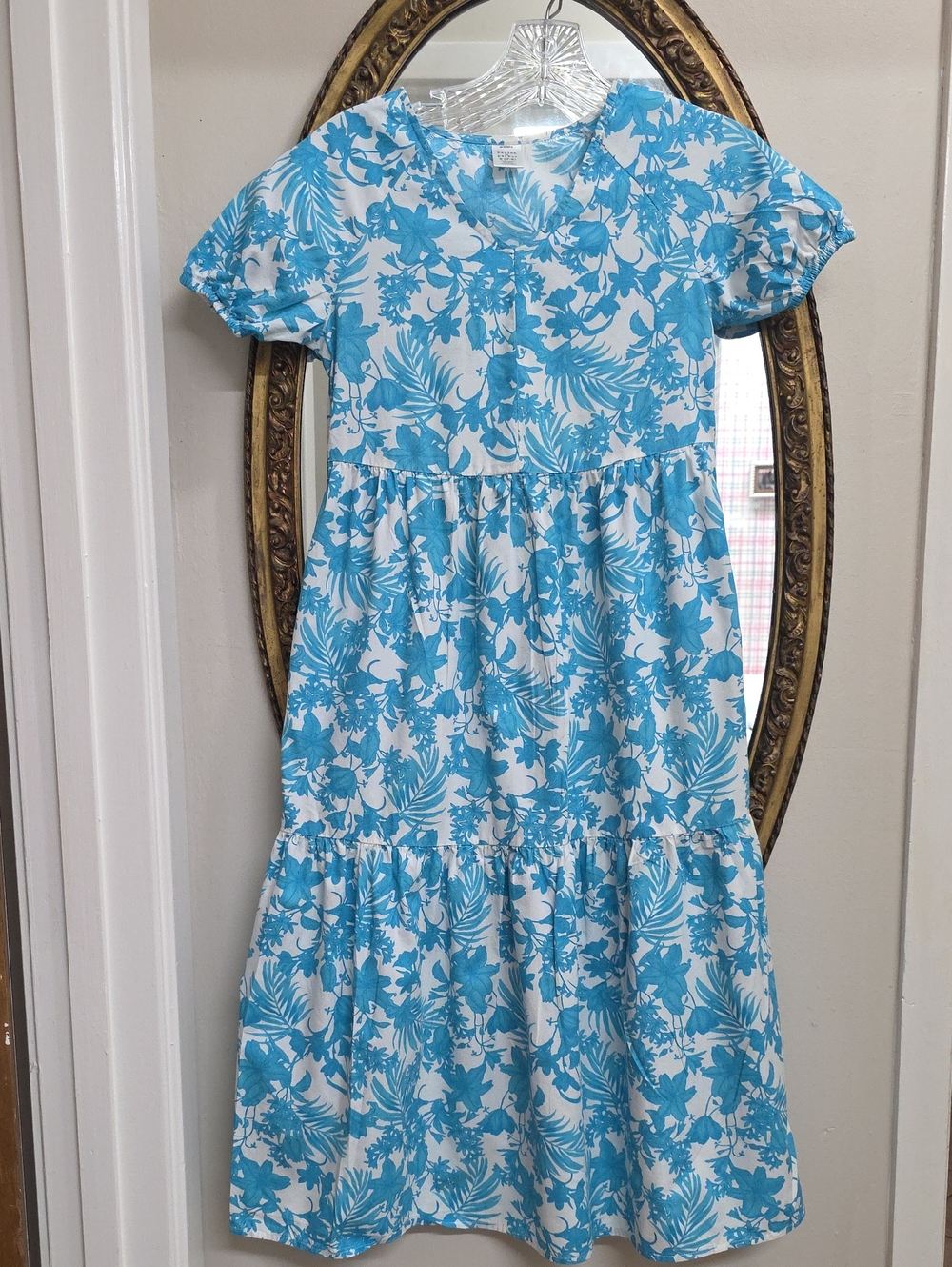 Peyton & Parker Sz Small 7-8 Girls' Blue Floral Tiered Dress Short Sleeve
